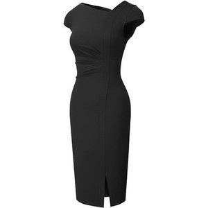 Elegant Front Split Business Formal Slim Dress Asymmetrical Neck, Black Size 10